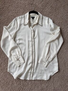 Ann Taylor Cream Button-Front Blouse with Rhinestone Trim Accent